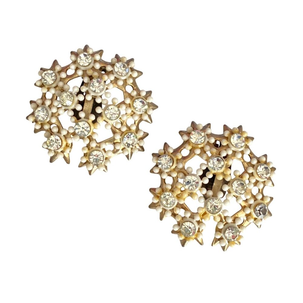1960s Retro Rhinestone Snowflakes Clip On Earrings 1.4in Diameter Fab Vintage
